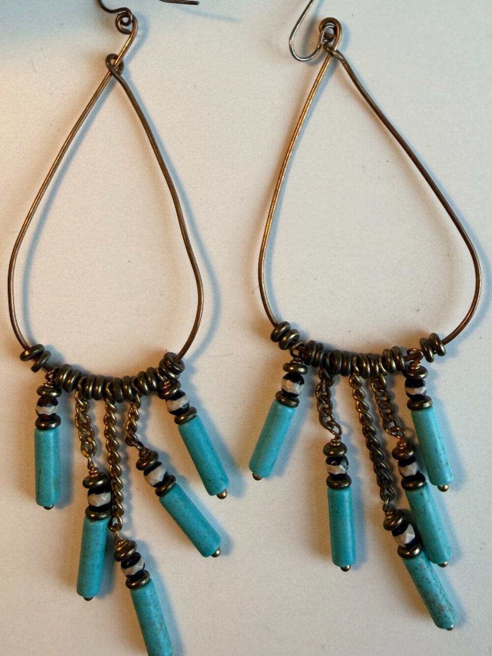 Vintage Boho Teardrop Beaded Dangle Earrings, Turquoise & Bronze